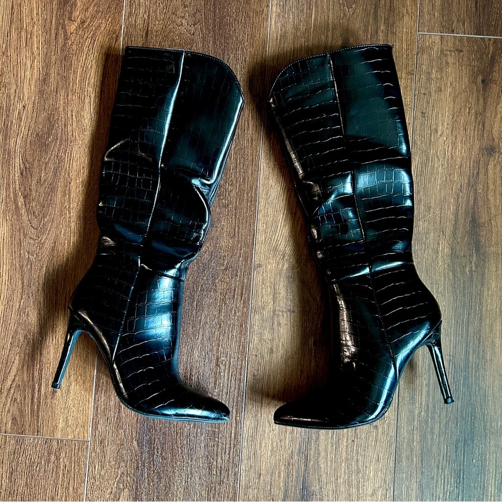 Black Croc-Embossed Knee-High Boots